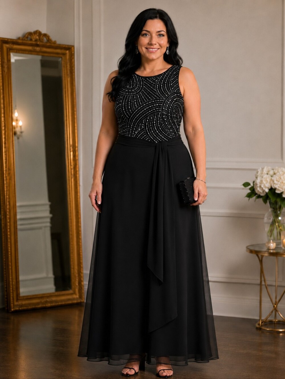 Black & Silver Beaded Vintage Designer Evening Formal Sequin Dress Women's SZ 12